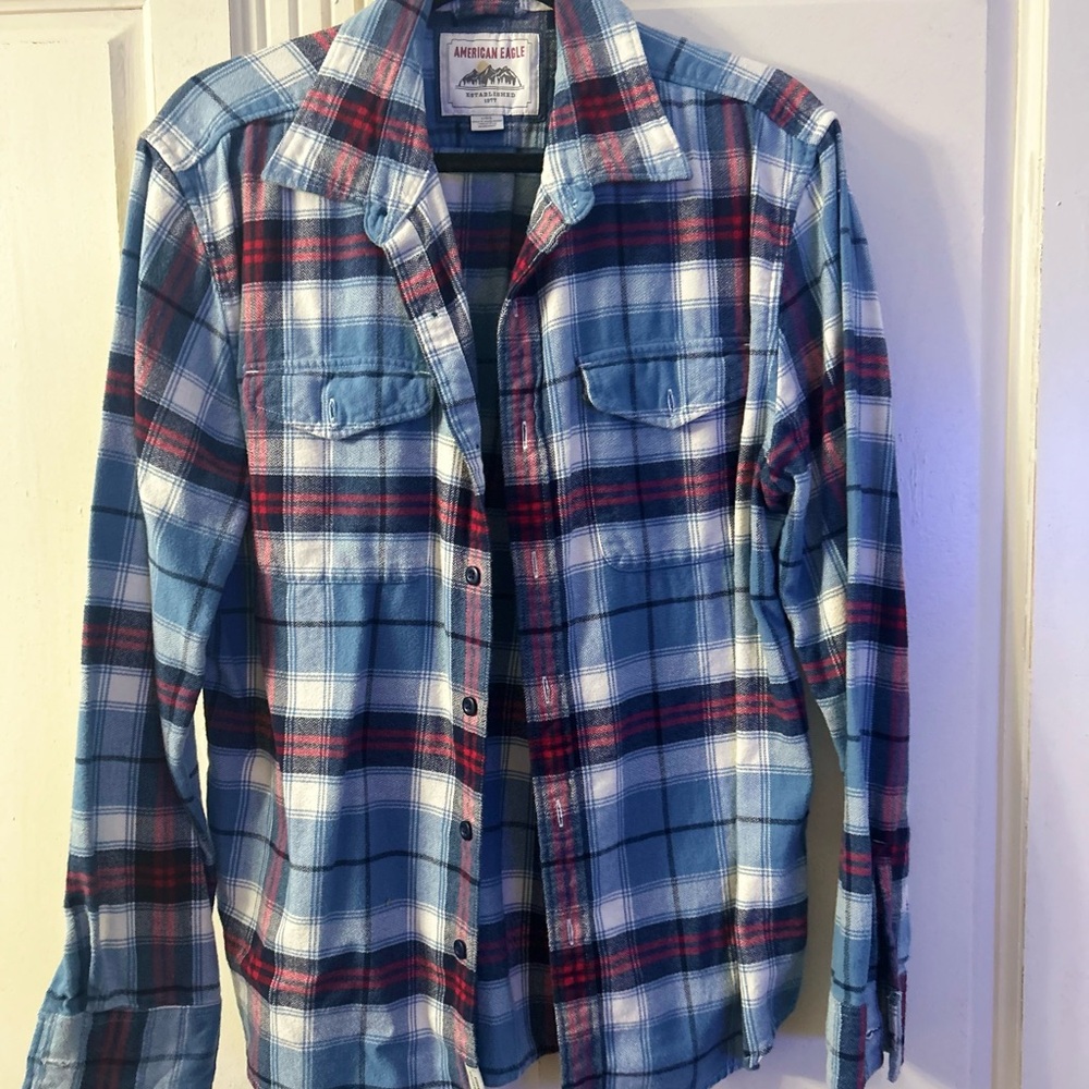 American Eagle Outfitters Men's Red and Blue Checkered Shirt